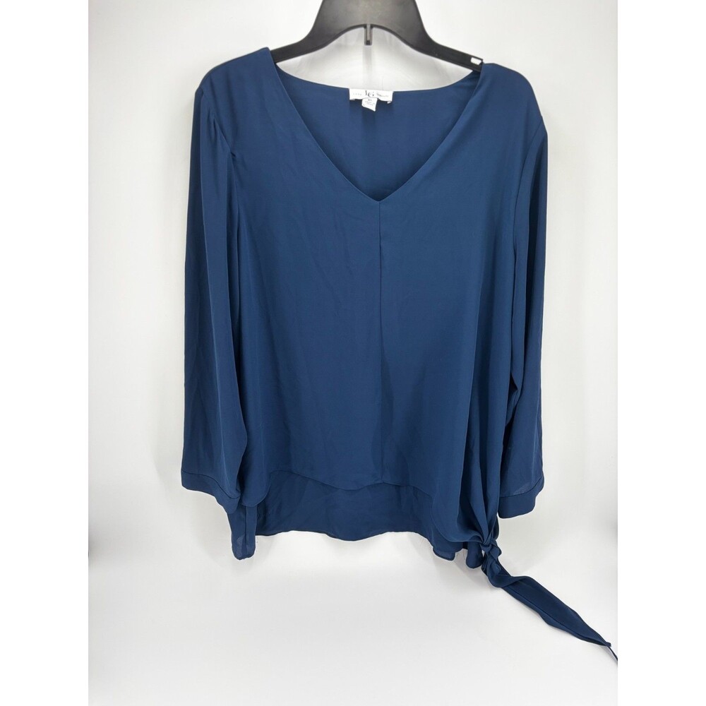 Lena Gabrielle Blouse Womens XL Blue V-Neck Long Sleeve Side Tie Hem Career Top